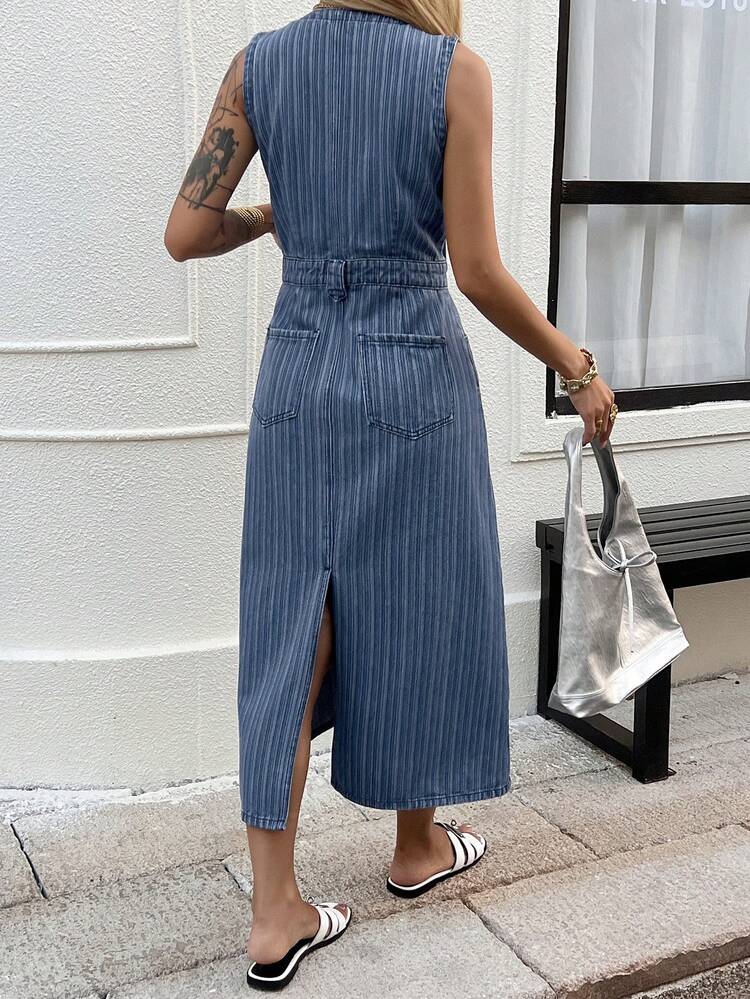 Sleeveless Denim Dress, Round Neck Design, Summer Women Denim Dress Maxi Dress