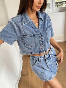 Rivivi Women's Short Sleeve Single-Breasted Cropped Casual Denim Jacket - Light Wash - View 5