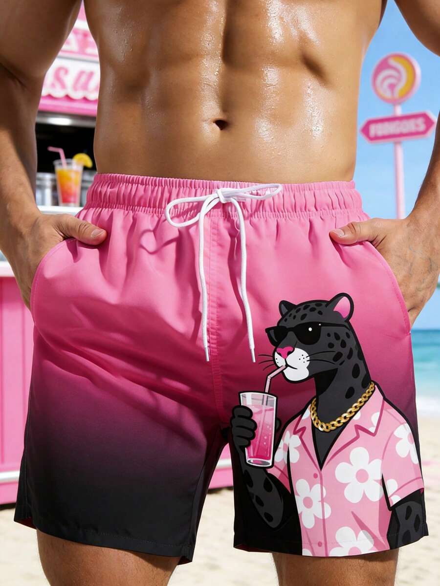 Manfinity Swimmode Quần short nam họa tiết động vật hoạt hình, kiểu ombre, túi xéo, eo có dây rút, phong cách thường ngày, thích hợp đi nghỉ mát, đi biển. - Màu Hồng Tươi - Xem 1