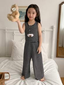 DAZY 女童条纹印花圆领休闲无袖连体裤家居服 - 黑與白 - 查看 5