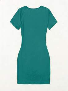 SHEIN Unity Casual Letter Print Short Sleeve Round Neck Summer Dress - Green - View 2