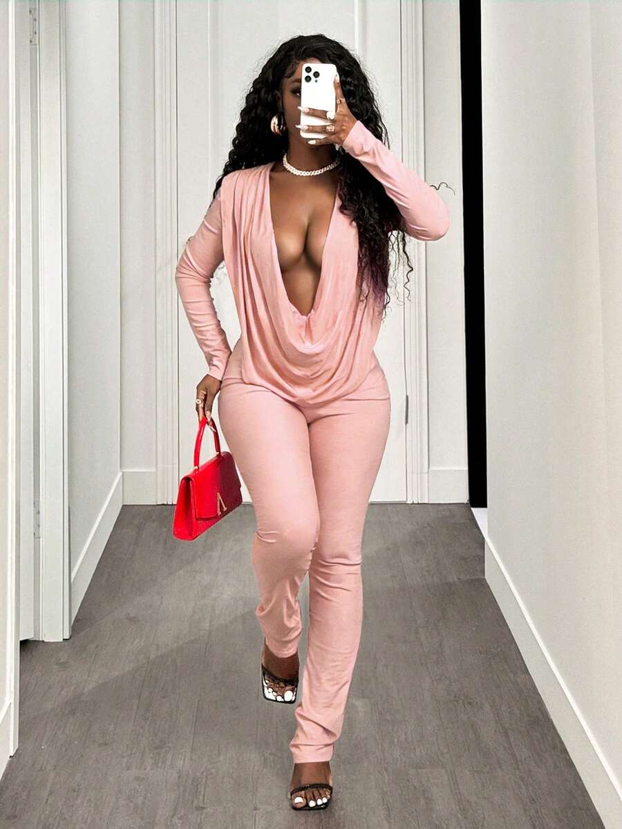 BamGleam 女士时尚性感纯色深V领长袖连体裤，秋季 - 粉色 - 查看 1