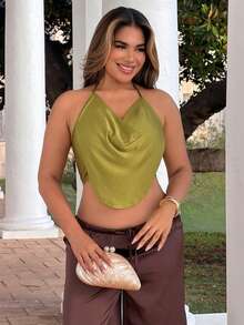 Maria Perezxox Solid Concert Draped Front Backless Party Halter Top - Green - View 1