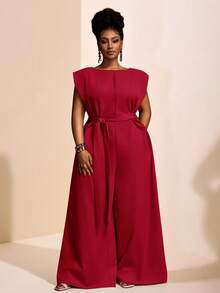 Veslaya 2025新款夏季休闲/派对/优雅/简约酒红色纯色船领无袖宽松阔腿连体裤 - 紅色 - 查看 4