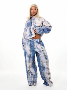 SUMWON WOMEN Denim Check Plaid Print Slouchy Wide Leg High Rise Jeans With Relaxed Fit Casual Baggy Pants Fall Winter Style - Multicolor - View 3