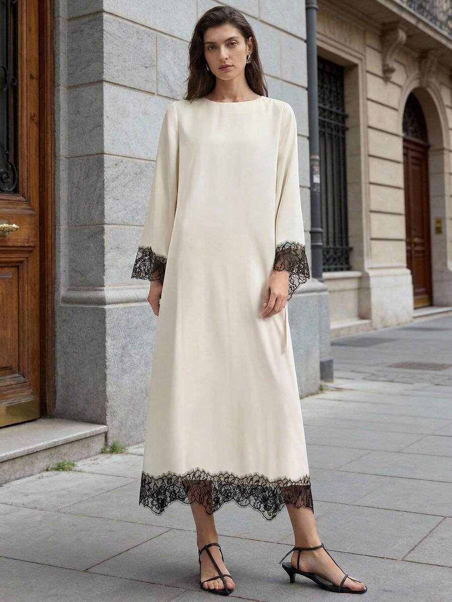 Ontre Đầm dài ren mùa xuân/hè 2026 dành cho nữ, phong cách nghỉ dưỡng lãng mạn, thiết kế phối ren, màu trắng, trang phục công sở tối giản, thoải mái, thanh lịch, cổ điển, phù hợp cho giáo viên, đầm dự tiệc, tay dài, chất liệu vải dệt rộng rãi, đầm dài đa năng.