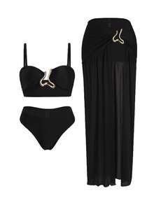 Swim Oasis Conjunto de biquíni feminino de 3 peças, estilo retrô moderno, cor sólida azul com detalhes metálicos, top tomara que caia com alças ajustáveis e saia longa franzida de cintura alta. Ideal para natação, praia e momentos de lazer. - Preto - Ver 1