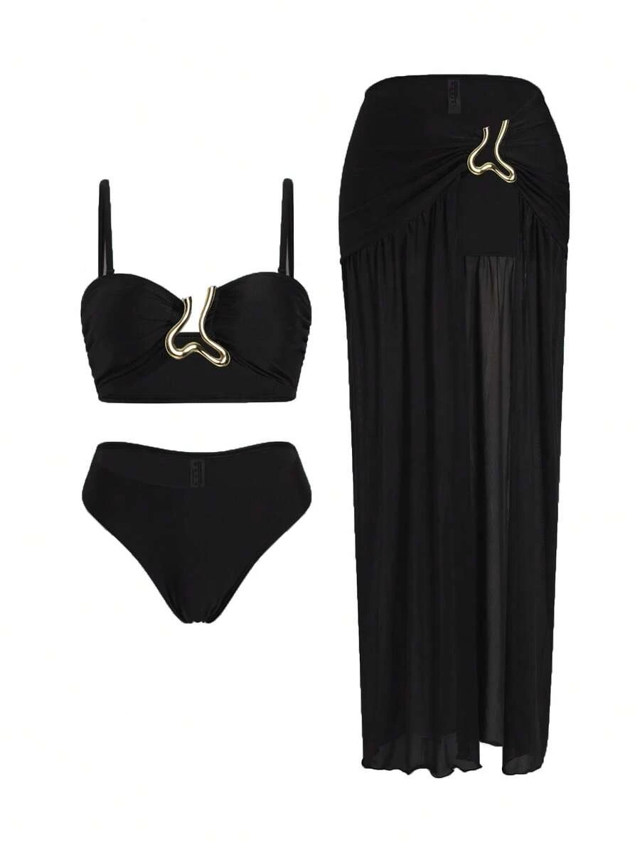 Swim Oasis Conjunto de biquíni feminino de 3 peças, estilo retrô moderno, cor sólida azul com detalhes metálicos, top tomara que caia com alças ajustáveis e saia longa franzida de cintura alta. Ideal para natação, praia e momentos de lazer. - Preto - Ver 1