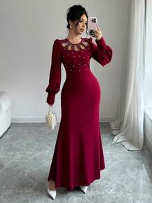 Modelyn Vestido ajustado elegante de punto de angora rojo con adornos de strass y bajo de cola de sirena para otoño/invierno, ropa de Año Nuevo, vestido largo de noche para mujer - Rojo - Ver 7