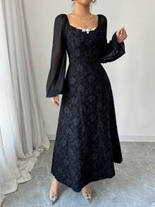 Modelyn Women's Elegant Black Random Print Long Dress With Square Neck Bishop Long Sleeves And Flared Hem For Special Occasions Elegant Dresses For Women - Black - View 7