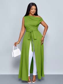 SOLERSUN Áo kiểu nữ cỡ lớn cổ lệch, xẻ đùi, buộc dây phía trước, một vai. - Màu xanh Ô liu - Xem 5