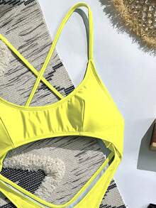 Swim SXY 女士性感绿色镂空露背细肩带巴西风连体泳衣，夏季海滩度假 - 淡黃色 - 查看 6