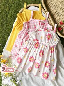 SHEIN Vintaside Kids 3件套女婴夏季碎花无袖连衣裙和纯色连衣裙，田园风格，时尚可爱 - 彩色 - 查看 4