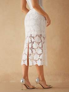Silquee Elegant White Lace-Trimmed Midi Skirt For Women, Water-Soluble Lace,White Flower Pattern,Breathable Summer Beach Skirt,Autumn Party Wedding Guest - Beige - View 2