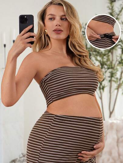 SHEIN 2pcs Maternity Casual Striped Tube Top And Wide Leg Pants Set, Summer