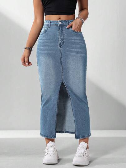 Rivivi Women's Solid Color High Slit Slant Pocket Bodycon Denim Mini Skirt