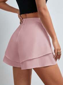 SHEIN Essnce 纯色斜插口袋叠层休闲百搭短裤 - 淺粉色 - 查看 2