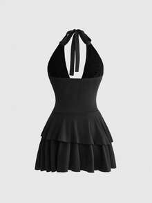 ROMWE Women's Sexy Y2K Retro Button Decor Ruffle Hem Halter Super Mini Dress - Black - View 2
