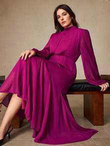 Aveloria Rosie Đầm maxi sang trọng kiểu Pháp bằng lụa giả chiffon, màu trơn cổ điển, phong cách cung đình retro, cao cấp, thanh lịch, dáng chữ A xòe rộng giúp tôn dáng, cổ áo xếp ly với khóa kéo ẩn phía sau, thiết kế cổ cao và tay phồng, lớp lót thoải mái, phù hợp cho mặc hàng ngày, hẹn hò, tiệc tối, kỳ nghỉ. - Màu đỏ tím - Xem 2
