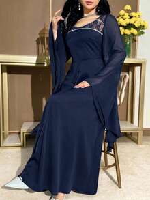 Modelyn 女士水钻装饰蕾丝拼接长袖连衣裙 - 藏蓝色 - 查看 5