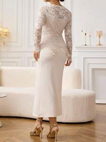 Modelyn Plus Size Women Square Neck Lace Patchwork Button Waist Bodycon Dress - Apricot - View 2