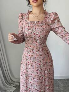 Modelyn 女士春夏梭织花卉印花长袖收腰A字优雅浪漫连衣裙 - 粉色 - 查看 7