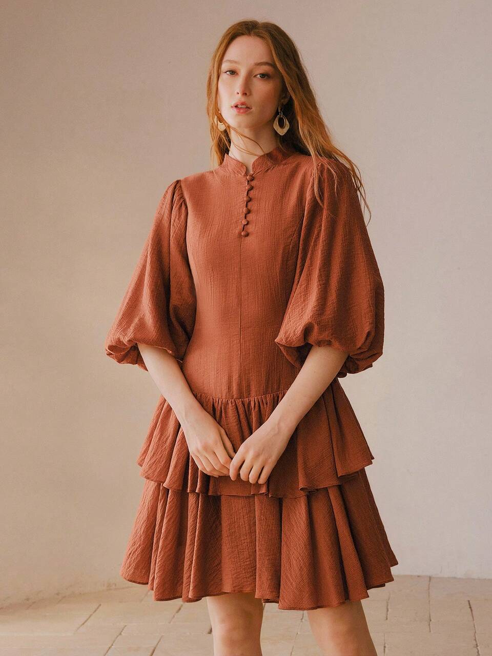 WOMEN'S MANDARIN COLLAR 3/4 PUFF SLEEVE STRIPED BUTTON FRONT WAIST CINCHED SHORT DRESS