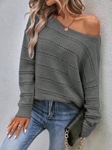 EMERY ROSE Women's Casual Dropped Shoulder Long Sleeve Pullover Sweater, Spring/Autumn - Grey - View 3