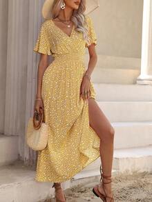 EMERY ROSE Ditsy Floral Print Butterfly Sleeve Split Thigh Dress Maxi Vacation Beach Outfits Women - Yellow - View 8