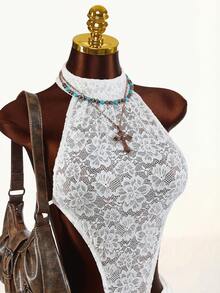 Amplova Romantic Retro High Neck Halter Backless Umbrella A-Line Mini Dress For Women - White - View 5