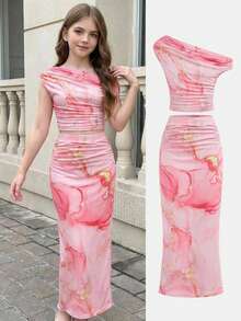 SHEIN Girls Asymmetric Shoulder Print Short Sleeve T-Shirt And Midi Skirt 2 Pieces Elegant Vacation Set - Pink - View 10