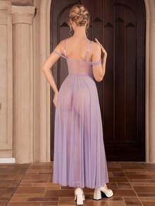 Myrelith 2pcs Set Romantic Lace Contrast Color Water-Soluble Flower Decor Bodycon Long Mesh Slip Dress, Palace Style - Mauve Purple - View 2