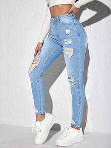 Jeanoix Jeans de mezclilla casual desgastados para mujer - Lavado ligero - Ver 4