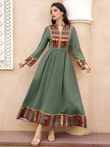 Al Najma Women's V-Neck Geometric Print Pleated Casual Party Dress, Arabic Traditional Style Embroidered Dresses For Women Women Dresses Green - Green - View 5