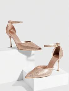 CUCCOO SZL 女士时尚尖头香槟色全钻踝带镂空高跟鞋，性感宴会派对女士高跟鞋 - 香檳色 - 查看 1