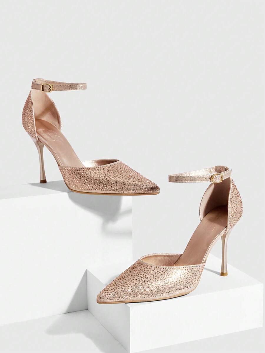 CUCCOO SZL 女士时尚尖头香槟色全钻踝带镂空高跟鞋，性感宴会派对女士高跟鞋 - 香檳色 - 查看 1