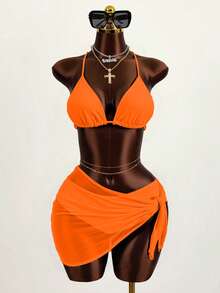 Zestiva Bộ bikini 3 món màu trơn dành cho nữ, kèm họa tiết in ngẫu nhiên. - trái cam - Xem 1