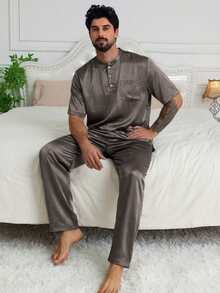 DAZY 男士缎面睡衣套装，短袖上衣配长裤，深灰色，夏季 - 灰色 - 查看 1