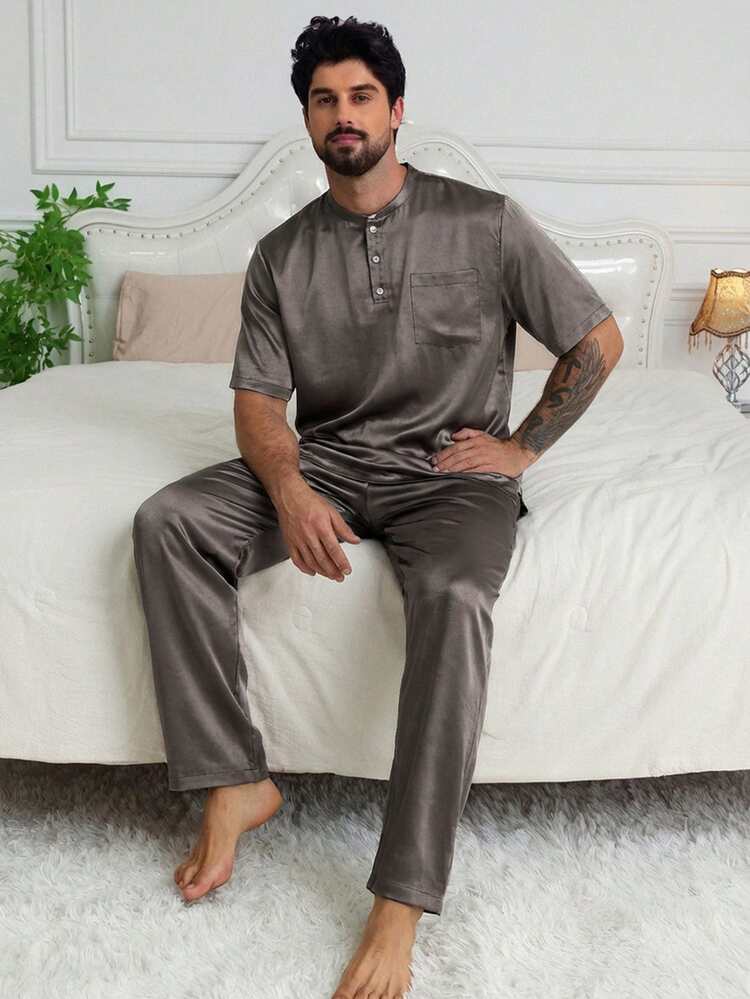 Men's Satin Pajama Set With Short Sleeve Top And Long Pants, Dark Grey, Summer