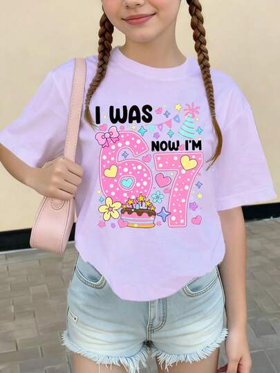 1pc Girls' Casual Fashion Creative Unique Fresh Minimalist Numeric 67 Pink Star Letter Slogan Print Comfortable Basic Short T-Shirt, Warm And Cozy Summer/Autumn Style, Suitable For Girls