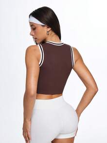 Gameset SHEIN Sport Women's Mocha Dark Brown Seamless Sport Crop,White Stripe Ribbed Trim,Supportive High-Neck,Summer Athleisure,Gym Top,Athletic Workout Sports Crop Top - Brown - View 3