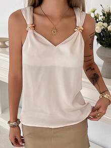 DAZY Women's Solid Color V-Neck Metal Button Elegant Vacation Summer Tank Top Cruise For Women Halter Top - Apricot - View 3