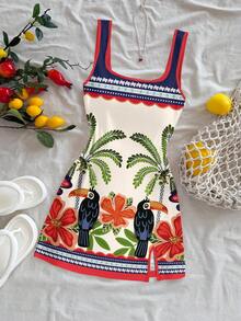 Soleia Đầm ngắn kiểu dáng nghỉ dưỡng thường ngày, phong cách nghỉ dưỡng Brazil, họa tiết rừng nhiệt đới, chim toucan và cây cọ, họa tiết hình học, viền hoa, phối màu tương phản, cổ chữ U, hở lưng, thích hợp cho mùa hè. - Nhiều màu - Xem 3