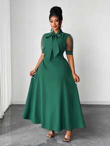 Women's Spring, Summer, And Autumn Net Puff-Sleeve Elegant Fitting Green Large A-Line Vacation Outfit Simple Commute Daily Wear Date Outfit Fashion Design Stylish New Essential Plus-Size Long Leisure Dress - Green - View 2