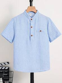 SHEIN 男童休闲条纹领衬衫，百搭款式，适合上学、通勤、运动，春夏皆宜。 - 彩色 - 查看 5