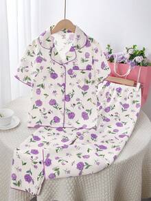 SHEIN 女童碎花短袖翻领开衫配长裤，休闲舒适宽松两件套家居服 - 彩色 - 查看 7