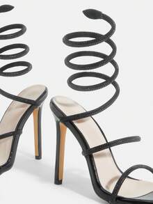 Glitzique Sandálias de Salto Alto Super Sexy de Moda Europeia e Americana para Mulheres, Sandálias com Decoração de Strass em Estilo Enrolado de Cobra, Sandálias de Salto Alto Super para Festa e Noite com Bico Aberto em Prata - Preto - Visão 7