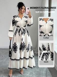 Elenzga Đầm mùa thu thanh lịch với họa tiết in dành cho nữ - Màu be - Xem 3