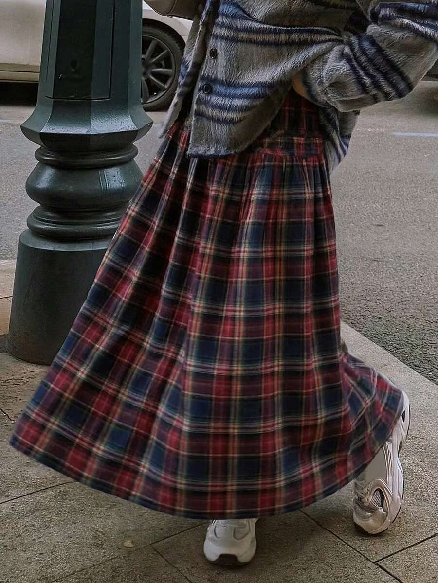 DAZY 女士休闲复古格子A字裙，秋季款 - 紅色 - 查看 1