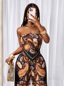 BamGleam Bộ đồ 2 mảnh gồm áo croptop không dây vai in họa tiết paisley hạt điều kiểu Bohemian với vạt áo bất đối xứng và quần ống rộng cạp chun, thích hợp cho kỳ nghỉ, đi biển, mặc hàng ngày, mùa xuân/hè. - Nhiều màu - Xem 5